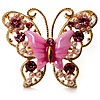 Large Bright Pink Enamel Butterfly Ring (Gold Tone)