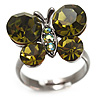 Small Olive Green Crystal Butterfly Ring (Black Tone)