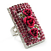 Square Crystal Rose Cocktail Ring (Silver Tone)