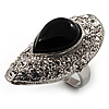 Oval Black Crystal Cocktail Ring (Rhodium Plated)