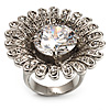 Large Floral Clear CZ Cocktail Ring (Silver Tone)