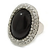 Black Resin Bead Oval Ring (Silver Tone)