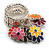 Silver Tone Charm Crystal Flower Stretch Ring (Enamel, Multicoloured)