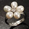 Tiny White Freshwater Pearl Flower Ring (Silver Tone)