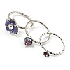 Set Of 3 Floral & Bead Rings (Silver Tone & Lavender)