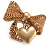 Vintage Mesh Bow & Heart Charm Stretch Ring (Matte Gold Tone)