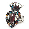 Burn Silver Multicloured Diamante Crown & Heart Stretch Ring