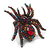 Oversized Multicoloured Crystal Spider Stretch Cocktail Ring (Silver Tone Finish)