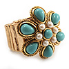 Turquoise Coloured Acrylic Bead Flower Stretch Ring (Gold Tone Metal)
