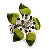 Stunning Green Enamel Crystal Flower Flex Ring (Silver Tone Metal) - Size 7/8