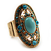 Oval Victorian Turquoise Coloured Acrylic Bead, Crystal Flex Ring in Gold Plating - Size 7/9