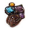 Multicoloured Glass Bead Cluster Flex Ring In Bronze Metal - 30mm Across - Size 7/8