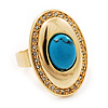 Oval Clear Crystal, Turquoise Stone Ring In Gold Tone - 25mm Across - 7/8 Adjustable