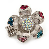 Multicoloured Diamante Daisy Flex Ring In Rhodium Plated Metal