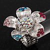 Multicoloured Diamante Daisy Flex Ring In Rhodium Plated Metal
