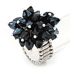 Black Glass Bead Cluster Flex Ring In Rhodium Plated Metal