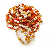Large Multicoloured Glass Bead Flower Stretch Ring (Orange, White & Gold)
