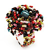 Large Multicoloured Glass Bead Flower Stretch Ring (Olive, Black, Coral & Transparent)