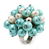Freshwater Pearl & Bead Cluster Silver Tone Ring (Light Blue & Light Cream) - Adjustable