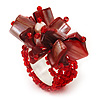 Coral Red Shell Chip & Freshwater Pearl Cluster Flex Ring