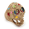 Vintage Textured Multicoloured 'Skull' Ring In Matte Gold Metal