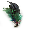 Oversized Green/Blue Feather 'Flying Skull' Stretch Ring In Silver Plating - Adjustable - 14cm Length