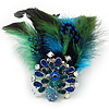 Oversized Green/Teal/Blue Feather 'Peacock' Stretch Ring In Silver Plating - Adjustable - 15cm Length