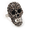 Dazzling Black Crystal Skull Ring In Rhodium Plating - Adjustable - 3cm Length