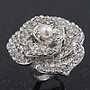 Large Clear Crystal 'Rose' Cocktail Ring In Rhodium Plating - Adjustable (Size 7/9) - 3.5cm Diameter