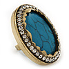 Large Oval Turquoise Stone Crystal Cocktail Ring In Antique Gold Metal - Adjustable (Size 7/9) - 4.5cm Length