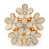 Gold Plated 'Damsel Daisies' Crystal Set Enamelled Stretch Ring (Light Cream) - Adjustable size 7/8