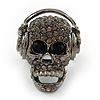 Dark Grey Crystal 'Skull Wearing Headphones' Flex Ring In Gun Metal - Adjustable - 3cm Length