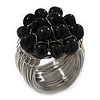 Wide Rhodium Plated Wire Black Glass Bead Band Ring