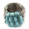 Wide Rhodium Plated Wire Light Blue Glass Bead Band Ring