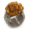Wide Rhodium Plated Wire Simulated Pearl Gold Glass Bead Band Ring