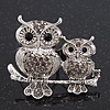 Silver Plated Light Grey Crystal 'Double Owl' Double Finger Ring - Adjustbable - 4.5cm Length