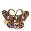 'Papillonne' Swarovski Encrusted Butterfly Cocktail Stretch Ring In Burn Gold Finish (Lilac Crystals) - Adjustable size 7/8
