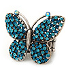 'Flutter-By' Swarovski Encrusted Butterfly Cocktail Stretch Ring - Rhodium Plated (Blue Crystals) - Adjustable size 7/8