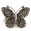 'Flutter-By' Swarovski Encrusted Butterfly Cocktail Stretch Ring - Rhodium Plated (Grey Crystals) - Adjustable size 7/8