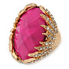 Oval Bright Pink Faceted Resin Stone, Diamante Cocktail Flex Ring In Gold Plating - 35mm Across - Size 7/8