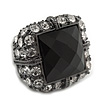 Faceted Black Glass Square Stone and Diamante Gun Metal Stretch Ring - 25mm Length - Expandable Size 7/8