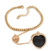 Gold Plated Oval Link Chain Bracelet With Black Acrylic Heart Flex Ring Attached - 17cm Length/ 3cm Extension, Size 7/8