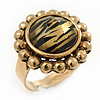Antique Gold Effect Round 'Tigra' Animal Print Ring with Acrylic Gem - 20mm Size 7/8 Expandable