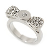 Rhodium Plated 'Cutie' Bow Ring with Clear Crystals - 2cm Length - Size 7