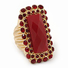 Square Red Acrylic Bead, Diamante Flex Cocktail Ring In Gold Plating - 35mm Across - Size 7/9