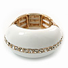 White Enamel Dome Shaped Stretch Cocktail Ring In Gold Plating - 2cm Length - Size 7/8
