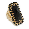 Square Black Acrylic Bead, Diamante Flex Cocktail Ring In Gold Plating - 35mm Across - Size 7/9