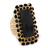 Square Black Acrylic Bead, Diamante Flex Cocktail Ring In Gold Plating - 35mm Across - Size 7/9