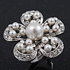 Caviar Simulated Pearl and Swarovski Crystal Floral Rhodium Plated Cocktail Ring - 30mm Size 7/8 Adjustable