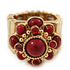 Vintage Burgundy Red Glass Stone, Crystal Floral Flex Ring In Burn Gold Finish - 20mm Diameter - Size 8/9